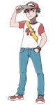  :&lt; absurdres adjusting_clothes adjusting_hat alpha_transparency backpack bag baseball_cap bracelet brown_eyes brown_hair clothes_writing denim full_body hand_in_pocket hat highres jeans jewelry looking_at_viewer male_focus official_art pants pokemon pokemon_(game) pokemon_sm red_(pokemon) serious shirt shoes sneakers solo standing strap sugimori_ken t-shirt transparent_background 