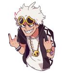  \m/ chain ddun-ddun2 double_\m/ eyewear_on_head gold_chain grin guzma_(pokemon) hood hoodie jacket male_focus open_clothes open_jacket pokemon pokemon_(game) pokemon_sm short_sleeves simple_background smile solo sunglasses watch white_background white_hair 