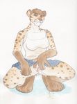  anthro bottomless branath breasts clitoris clothed clothing crouching essa feline female heredraptor invalid_tag kaputotter mammal peeing public pussy sabertooth_(disambiguation) shirt simple_background skirt spots spreading tank_top traditional_media_(artwork) upskirt urine watercolor_(artwork) white_background 