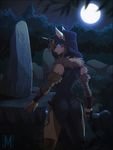  2016 5_fingers anthro clothed clothing dagger detailed_background equine female forest holding_object holding_weapon horn mammal margony melee_weapon night outside sky smile solo standing star starry_sky stone tree unicorn unknown_text weapon 