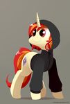  clothing equine feral grey_background hair heterochromia hoodie hooves horn mammal my_little_pony orange_hair pink_eyes red_eyes red_hair simple_background smile solo standing underpable unicorn 