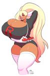  1girl blonde_hair breasts cleavage curvy dark_skin gigantic_breasts long_hair looking_at_viewer parted_lips pink_eyes pokemon ponytail red_eyes smile solo sprite37 team_rocket thick_thighs thighhighs very_long_hair wide_hips 