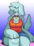  &lt;3 anthro blue_fur blush breasts canine cleavage clothed clothing collar dog female fur gradient_background greliz hair_over_eyes mammal open_mouth simple_background sitting solo wide_hips 