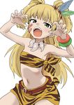  absurdres animal_print armpits belt blonde_hair claw_pose fangs green_eyes highres idolmaster idolmaster_cinderella_girls jewelry jougasaki_rika long_hair looking_at_viewer midriff navel necklace open_mouth simple_background solo teeth tiger_print two_side_up white_background yamamoto_souichirou 