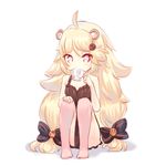  ahoge ailane_(show_by_rock!!) animal_ears bare_shoulders black_bow blonde_hair blush bow chemise cup drawfag eyebrows_visible_through_hair full_body hair_between_eyes hair_bow hair_ornament hand_on_own_knee holding holding_cup lion_ears long_hair looking_at_viewer no_shoes over-kneehighs pink_eyes pink_legwear shadow show_by_rock!! sitting solo striped striped_bow tea teacup thighhighs very_long_hair white_background 