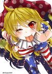  ;p akanbe american_flag american_flag_dress american_flag_legwear american_flag_shirt bent_over blonde_hair clownpiece fox_udon frilled_shirt_collar frills hand_on_hip hat highres jester_cap leaning_forward long_hair looking_at_viewer neck_ruff one_eye_closed pantyhose polka_dot print_legwear red_eyes short_sleeves simple_background smile solo standing star striped striped_legwear tongue tongue_out touhou twitter_username white_background 