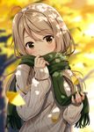  ahoge aran_sweater autumn autumn_leaves blurry blurry_background blush brown_eyes covering_mouth dappled_sunlight depth_of_field enpera eyebrows eyebrows_visible_through_hair eyelashes falling_leaves ginkgo green_scarf grey_sweater hair_between_eyes head_tilt holding hyuuga_azuri leaf long_hair long_sleeves looking_at_viewer original outdoors scarf sleeves_past_wrists solo sunlight sweater tareme upper_body 