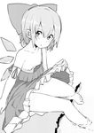  bare_shoulders barefoot bow breasts cirno collarbone dress dress_lift greyscale hair_between_eyes ice ice_wings looking_at_viewer monochrome nipples no_bra noa_(nagareboshi) off_shoulder short_hair sitting small_breasts solo strap_slip touhou water wings 