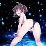  ahoge akazukin_(mary_skelter) all_fours ass black_panties blush breasts breath brown_hair fingering from_behind heavy_breathing kneepits looking_at_viewer looking_back mary_skelter masturbation masturbation_through_clothing medium_breasts nanameda_kei official_art one_eye_closed open_mouth panties pasties ripples solo sweat teeth topless underwear water wet 
