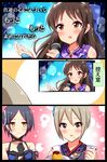  blue_eyes blush bow brown_eyes brown_hair food glowstick grey_eyes grey_hair hair_bow hayami_kanade highres idolmaster idolmaster_cinderella_girls microphone multiple_girls music plate pudding real_life shinekalta shiomi_shuuko singing spoon tachibana_arisu translated yellow_eyes 