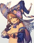  :d arm_behind_back bangs bare_shoulders beatrix_(granblue_fantasy) bikini_top black_gloves blue_hat blush breasts brown_eyes brown_hair cleavage detached_collar detached_sleeves english eyebrows eyebrows_visible_through_hair fur_trim gloves granblue_fantasy hair_between_eyes hair_ribbon halloween happy_halloween hat highres jack-o'-lantern kotoribako large_breasts long_hair looking_at_viewer medium_breasts navel open_mouth ribbon shiny shiny_skin simple_background smile solo striped striped_ribbon sweatdrop swept_bangs upper_body witch_hat 