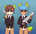  balls blush bottomless canine circumcised clothed clothing cute_fangs duo erection eyewear formal fox front_view glans holding_object holding_weapon humanoid_penis male mammal men_in_black mustelid necktie open_mouth otter penis rusty_(darkrusty) smile standing suit sunglasses weapon whiteleo 