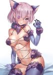  :d animal_ears arm_at_side artist_name azomo bare_shoulders bed_sheet blush breasts claws collarbone dangerous_beast detached_collar elbow_gloves eyebrows eyebrows_visible_through_hair eyes_visible_through_hair fate/grand_order fate_(series) fur-trimmed_gloves fur_collar fur_trim gloves hair_over_one_eye halloween_costume head_tilt highres kemonomimi_mode looking_at_viewer mash_kyrielight medium_breasts navel o-ring open_mouth parted_lips purple_gloves purple_legwear revealing_clothes short_hair simple_background sitting skindentation smile solo stomach thighhighs underboob white_background wolf_ears 