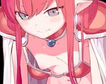  armor bikini bikini_armor black_background breasts cape close-up closed_mouth doremi earrings elizabeth_bathory_(brave)_(fate) elizabeth_bathory_(fate)_(all) fang_out fate/extra fate/extra_ccc fate/grand_order fate_(series) highres jewelry leaning_forward long_hair looking_at_viewer loose_bikini navel nipple_slip nipples oversized_breast_cup oversized_clothes pauldrons pink_hair pointy_ears red_armor red_bikini sidelocks silver_eyes silver_trim simple_background small_breasts smile solo swimsuit upper_body 