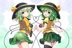  adapted_costume black_hat black_legwear blush commentary_request cowboy_shot dual_persona eyeball fingers_together frilled_shirt_collar frilled_sleeves frills from_behind green_eyes green_hair green_skirt hat hat_ribbon heart heart_of_string komeiji_koishi long_sleeves looking_at_viewer looking_back multiple_girls open_mouth ribbon ryogo shirt short_sleeves skirt smile thighhighs third_eye touhou wide_sleeves yellow_ribbon yellow_shirt 