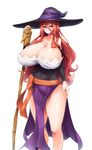  bare_shoulders breasts brown_eyes covered_navel covered_nipples doriruneko dragon's_crown gigantic_breasts hat highres long_hair pelvic_curtain red_hair simple_background solo sorceress_(dragon's_crown) staff thighs white_background witch_hat 
