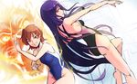  anetai_toyone barefoot brown_hair competition_swimsuit crossover dutch_angle fate/stay_night fate_(series) fighting_stance from_behind fujimura_taiga grin highres keijo!!!!!!!! long_hair multiple_girls one-piece_swimsuit orange_eyes parody pose purple_hair red_eyes saki short_hair smile standing standing_on_one_leg swimsuit yokura_(yukilina) 