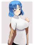  blue_hair blush breasts eyebrows eyebrows_visible_through_hair katatsuka_kouji large_breasts md5_mismatch original purple_eyes short_hair smile solo sweater turtleneck 