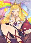  ;d ankle_lace-up applying_makeup bangs bare_shoulders black_skirt blonde_hair blouse blunt_bangs bow cagliostro_(granblue_fantasy) cross-laced_footwear fuji_fujino granblue_fantasy hairband heart knees_together_feet_apart lipstick lipstick_tube long_hair looking_at_viewer makeup off_shoulder one_eye_closed open_mouth purple_eyes rainbow red_footwear ribbon_trim round_teeth shirt shoes signature sitting skirt smile solo sparkle spiked_hairband spikes star teeth white_blouse 