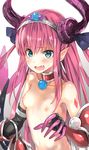  armor bikini_armor blue_eyes blush breasts choker collarbone elizabeth_bathory_(brave)_(fate) elizabeth_bathory_(fate)_(all) eyebrows eyebrows_visible_through_hair fang fate/extra fate/extra_ccc fate/grand_order fate_(series) gauntlets horns long_hair looking_at_viewer navel nipples nude open_mouth pink_hair pointy_ears pt silver_trim small_breasts solo sweatdrop tears tiara upper_body 