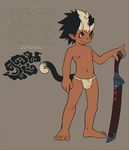  alternate_species barefoot bulge clothing cub english_text front_view full-length_portrait fundoshi gitarou horn humanoid humanoid_feet humanoidized japanese_clothing male melee_weapon monkey_humanoid navel nipples noca pointy_ears portrait smile sword text underwear weapon young 