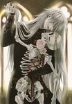  1boy black_nail_polish bracelet braid earrings grey_hair jewelry kuroshitsuji long_hair male_focus official_art open_mouth rose scan skeleton smile solo stitches tagme toboso_yana undertaker 