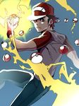  :&lt; blue_background brown_eyes brown_hair denim electricity holding holding_poke_ball jeans looking_at_viewer mabataki male_focus pants poke_ball pokemon pokemon_(game) pokemon_sm red_(pokemon) shirt simple_background solo t-shirt 