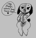  &lt;3 animate_inanimate anthro breasts canine dialogue dog english_text eyelashes female greyscale hand_behind_head hand_on_hip mammal monochrome nintendo nintendo_switch open_mouth pussy smile speech_bubble switch_dog tacdoodles talking_to_viewer text video_games 