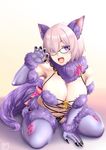  animal_ears black-framed_eyewear blush breasts claw_pose cleavage dangerous_beast elbow_gloves fate/grand_order fate_(series) fur_trim glasses gloves hair_over_one_eye halloween_costume large_breasts looking_at_viewer mash_kyrielight open_mouth osafune_kairi purple_eyes purple_gloves purple_hair purple_legwear solo tail thighhighs wolf_ears wolf_tail 