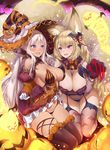  :d animal_ears animal_print asherah_(sennen_sensou_aigis) bat bat_print black_legwear blonde_hair blush breasts claws cleavage detached_sleeves fang fur-trimmed_legwear fur_trim ghost gloves hair_between_eyes halloween hat jack-o'-lantern kayou_(sennen_sensou_aigis) large_breasts long_hair mole mole_on_breast multiple_girls nail_polish navel open_mouth paw_gloves paws purple_eyes red_nails sennen_sensou_aigis silver_hair smile star thighhighs v-shaped_eyebrows very_long_hair wavy_mouth white_gloves witch_hat wolf_ears yaman 