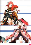  absurdres artist_request black_hair blush bow fan floral_print hair_ornament hand_on_hip highres january japanese_clothes kimono looking_at_viewer love_live! love_live!_school_idol_festival love_live!_school_idol_project multiple_girls nishikino_maki non-web_source official_art purple_eyes red_eyes red_hair scan short_hair simple_background smile twintails wide_sleeves yazawa_nico 