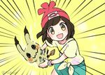  @_@ beanie brown_eyes brown_hair emphasis_lines floral_print flying_teardrops gen_7_pokemon hat kokoroko mimikyu mizuki_(pokemon) pokemon pokemon_(creature) pokemon_(game) pokemon_sm shirt shorts simple_background smile t-shirt tied_shirt twitter_username yellow_background z-move z-ring 