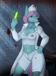  anthro blood breasts canine clothed clothing dafka female hat looking_at_viewer mammal nurse nurse_uniform smile solo standing syringe uniform 