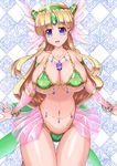  1girl amethyst bikini blonde_hair blue_eyes bracelet breasts collarbone curvy emerald female green_bikini hair_ornament hair_ribbon headgear highres huge_breasts jewelry long_hair looking_at_viewer navel necklace open_mouth raochuu ribbon riesz sapphire_(stone) see-through seiken_densetsu seiken_densetsu_3 solo standing string_bikini thigh_gap very_long_hair wide_hips 