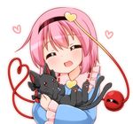  ^_^ animal black_bow black_cat blue_shirt bow braid carrying cat closed_eyes commentary_request frilled_shirt_collar frilled_sleeves frills hair_between_eyes hairband heart heart_of_string holding holding_animal kaenbyou_rin kaenbyou_rin_(cat) komeiji_satori long_sleeves multiple_tails nekomata open_mouth pink_hair red_eyes ribbon-trimmed_collar ribbon_trim shirt short_hair simple_background smile solo suwa_yasai tail third_eye touhou two_tails upper_body white_background wide_sleeves 