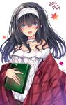  2016 :d aran_sweater bare_shoulders black_hair blue_eyes blush book choker commentary_request dated e-co hairband highres idolmaster idolmaster_cinderella_girls jewelry leaf long_hair looking_at_viewer maple_leaf off-shoulder_sweater open_mouth pendant sagisawa_fumika shawl smile solo sweater upper_body 