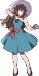  adjusting_clothes adjusting_hat alternate_costume bare_shoulders blue_(pokemon) brown_eyes brown_hair closed_mouth full_body hat holding holding_poke_ball kendy_(revolocities) long_hair older poke_ball pokemon pokemon_(game) pokemon_sm smile solo standing sun_hat transparent_background what_if 