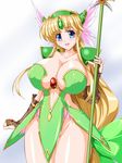  1girl bikini_armor blonde_hair blue_eyes breasts brown_gloves cleavage collarbone curvy dress elbow_gloves emerald female fingerless_gloves gloves gradient_background hair_ornament hair_ribbon headgear highres huge_breasts long_hair looking_at_viewer mound_of_venus no_panties no_underwear open_mouth raochuu revealing_clothes ribbon riesz ruby_(stone) seiken_densetsu seiken_densetsu_3 simple_background skirt solo spear standing thick_thighs trident very_long_hair weapon wide_hips 