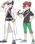  adjusting_clothes adjusting_hat belt black_hair coat earrings eyebrows eyewear_removed full_body green_eyes hand_in_pocket hat jewelry jojo_no_kimyou_na_bouken kakyouin_noriaki kuujou_joutarou male_focus multiple_boys parody pokemon pokemon_(game) pokemon_sm red_eyes red_hair sicon standing style_parody sunglasses thick_eyebrows twitter_username white_background 