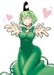  blush breasts commentary_request covered_navel dress green_dress hat incoming_hug kagehito long_sleeves looking_at_viewer medium_breasts outstretched_arms soga_no_tojiko solo tate_eboshi thighs touhou 