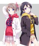  2girls :d alternate_hairstyle arm_up bangs black_coat black_hair blue_eyes blush clenched_hand clothes_writing cousins drawstring grey_background grey_hair hair_ribbon hand_in_pocket hand_up hazuki_(sutasuta) highres hood hood_down hoodie long_hair long_sleeves love_live! love_live!_sunshine!! love_live!_sunshine!!_the_school_idol_movie_over_the_rainbow miniskirt multiple_girls open_mouth pink_ribbon plaid plaid_skirt pleated_skirt ponytail purple_eyes red_hoodie ribbon simple_background skirt smile watanabe_tsuki watanabe_you white_coat yellow_hoodie 