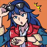  akairiot back_to_the_future blue_eyes blue_hair commentary cosplay fire_emblem fire_emblem:_kakusei long_hair lowres lucina marty_mcfly marty_mcfly_(cosplay) open_mouth solo super_smash_bros. trait_connection watch 