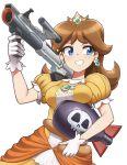  1girl aircraft airplane blue_eyes bomb bomber_(kirby) breast_rest breasts brooch brown_hair crown dress earrings female flower_earrings frilled_dress frills gem gloves grin gun hand_on_hip hand_up highres holding holding_gun holding_weapon jewelry kirby_(series) long_hair mario_(series) medium_breasts neck nintendo orange_dress princess princess_daisy puffy_short_sleeves puffy_sleeves sassy short_hair short_sleeves simple_background smile solo standing super_mario_land super_scope super_smash_bros. takahashi_umori thighhighs tomboy upper_body weapon white_gloves yellow_dress 