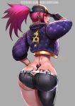  1girl akali ass badcompzero baseball_cap belt blush bracelet butt_crack chocolate chocolate_heart commentary earrings from_behind gloves grey_background hat heart highres jacket jewelry k/da_(league_of_legends) league_of_legends long_hair looking_at_viewer looking_back pink_eyes ponytail purple_hair simple_background solo thighs tongue 