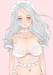  bad_id bad_pixiv_id breasts choker closed_mouth collarbone cross expressionless large_breasts lips long_hair looking_at_viewer megumoke navel original pink_background silver_eyes silver_hair simple_background solo 
