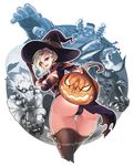  3boys ass blonde_hair blue_eyes breasts brown_legwear halloween hat jack-o'-lantern junkrat_(overwatch) large_breasts london mercy_(overwatch) multiple_boys overwatch phandit_thirathon reaper_(overwatch) roadhog_(overwatch) thighhighs thighs witch_hat 