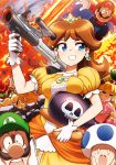  2girls 4girls :o aircraft airplane angry blonde_hair blue_eyes bomb bomber_(kirby) bowser breast_rest breasts brooch brown_hair clenched_teeth collar crown dress earrings explosion facial_hair female fire flower_earrings frilled_dress frills gem gloves grin gun hand_on_hip hand_up hat highres holding holding_gun holding_weapon jewelry kirby_(series) long_hair luigi mario mario_(series) medium_breasts multiple_girls mustache neck nervous nintendo o_o open_mouth orange_dress overalls pink_dress princess princess_daisy princess_peach puffy_short_sleeves puffy_sleeves red_hair round_teeth sassy scared short_hair short_sleeves smile solo spiked_collar spikes standing super_mario_bros. super_mario_land super_scope super_smash_bros. sweat takahashi_umori teeth thighhighs toad tomboy upper_body upper_teeth weapon white_gloves yellow_dress 