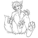  anthro black_and_white canine claws falvie fangs fluffy fluffy_tail fur hair hindpaw male mammal monochrome nude pawpads paws simple_background sketch smile solo toe_claws toes white_background wolf 