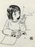  1girl blowing desk eraser highres hiro_(dismaless) monochrome notebook open_mouth original pencil signature simple_background solo sweater 