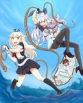  2girls :d admiral_(kantai_collection) anbj black_legwear black_serafuku blonde_hair blue_sky boat bow brown_eyes brown_hair commentary_request crossover crying day fisheye ghost_sweeper_mikami hair_bow hair_flaps hair_ornament hair_ribbon hairclip headgear highres holding horizon kantai_collection kneehighs military military_uniform multiple_girls murakumo_(kantai_collection) naval_uniform ocean open_mouth pantyhose pleated_skirt red_eyes remodel_(kantai_collection) ribbon rope scarf school_uniform serafuku shoes silver_hair skirt sky smile uniform watercraft yokoshima_tadao yuudachi_(kantai_collection) 